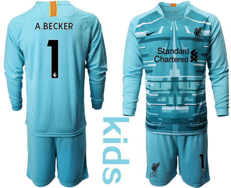 Youth 2020-2021 club Liverpool blue long sleeved Goalkeeper #1 Soccer Jerseys